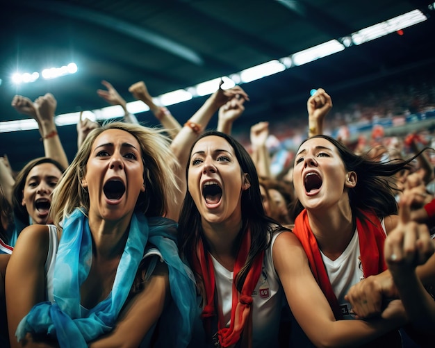 Foto fanáticas femeninas que participan en un ritual previo al partido cantando y coreando cánticos del equipo.