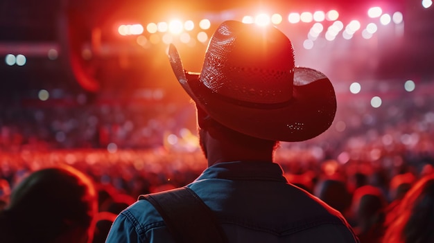 Fanático entusiasta con un elegante sombrero de vaquero en un concierto de música