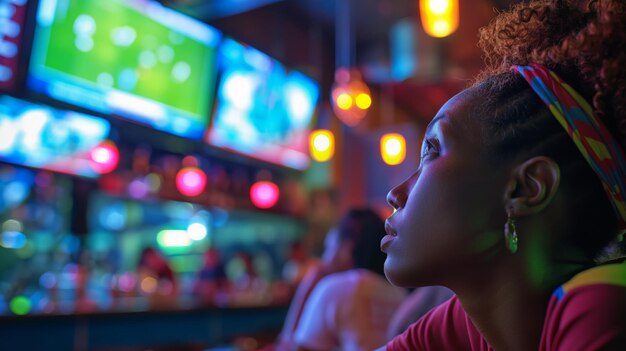 Foto un fanático del fútbol disfrutando de un partido en un bar animado con amigos, un divertido evento deportivo, una audiencia diversa.