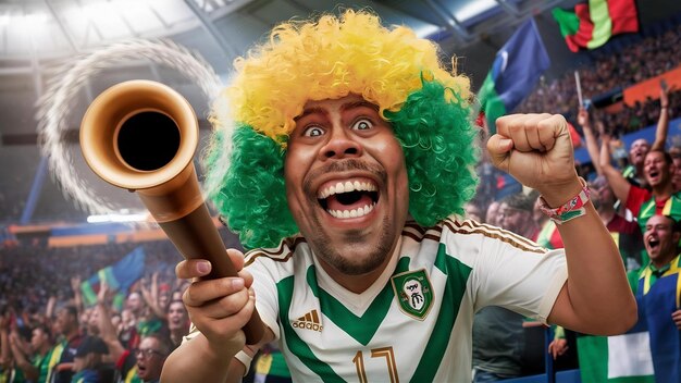 Fanático de fútbol con peluca y vuvuzela celebrando