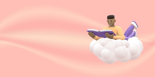 Fanático de la literatura joven en el cielo en una nube está leyendo un libro