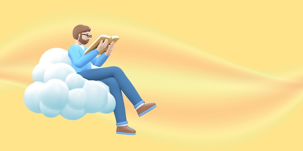 Un fanático de la literatura que un joven con barba con gafas en el cielo en una nube está leyendo un libro.
