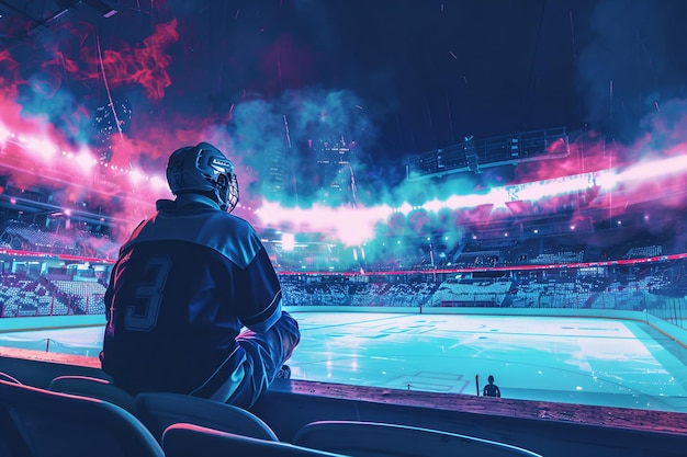 fanático de ropa deportiva viendo un juego de hockey sobre hielo en el gran estadio