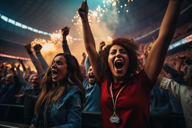 Los fanáticos del deporte aplauden y celebran un torneo ganador en el estadio Generative AI