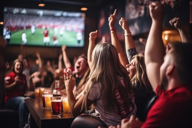 Los fanáticos del deporte festejan y celebran un torneo ganador y ven la televisión en casa IA generativa