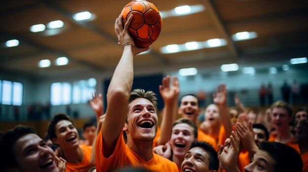 Fanáticos del equipo con ropa deportiva naranja jugando a la pelota Celebración de ganar el juego