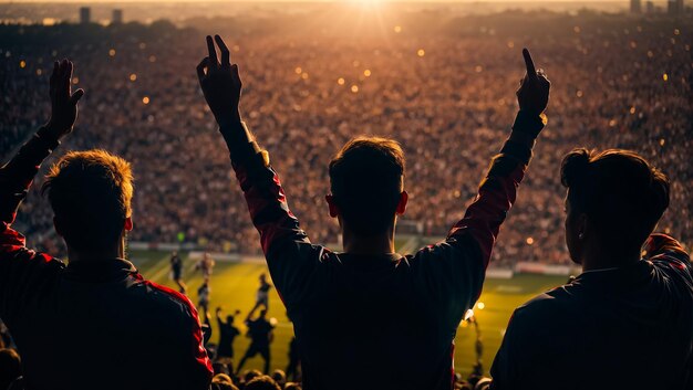 Los fanáticos con las espaldas a la cámara en el estadio