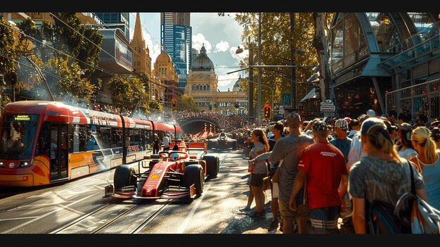 Foto los fanáticos de la f1 en ferrari y red bull gear hacen cola por los tranvías en el circuito del gran premio de melbourne