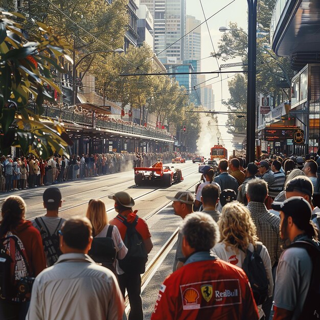 Foto los fanáticos de la f1 en ferrari y red bull gear hacen cola por los tranvías en el circuito del gran premio de melbourne