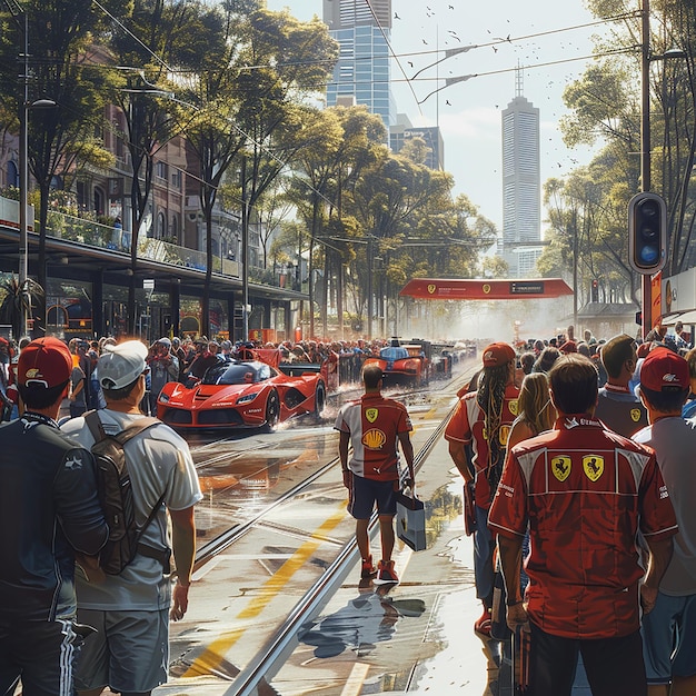 Foto los fanáticos de la f1 en ferrari y red bull gear hacen cola por los tranvías en el circuito del gran premio de melbourne