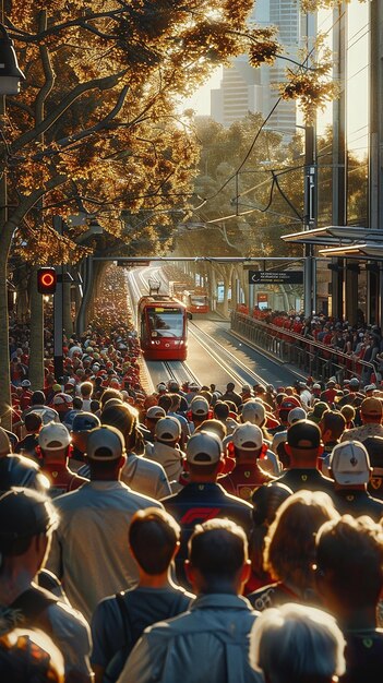 Foto los fanáticos de la f1 en ferrari y red bull gear hacen cola por los tranvías en el circuito del gran premio de melbourne