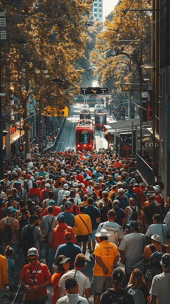 Foto los fanáticos de la f1 en ferrari y red bull gear hacen cola por los tranvías en el circuito del gran premio de melbourne