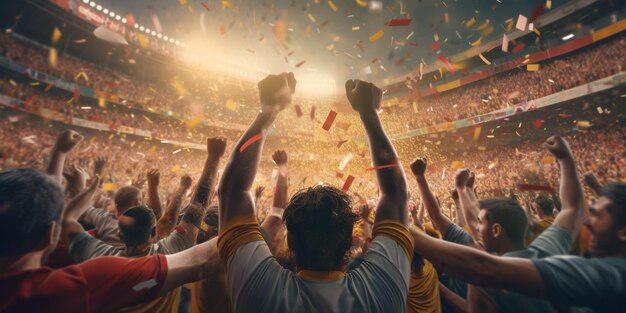 Los fanáticos del fútbol están viendo un partido de fútbol en el estadio con IA generada