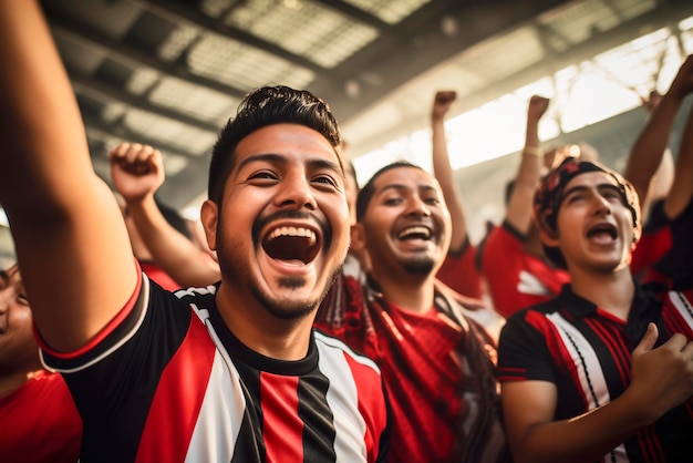 Foto los fanáticos del fútbol latinoamericano con camisetas blancas, rojas y negras celebran un gol dentro de un estadio.