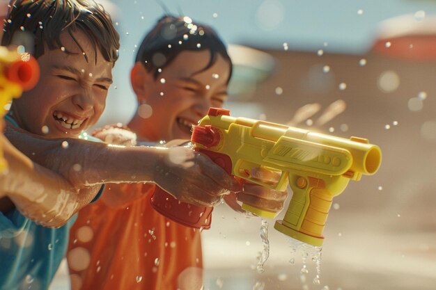 Foto fangen sie das lachen von kindern mit spielzeugwasserpistolen auf