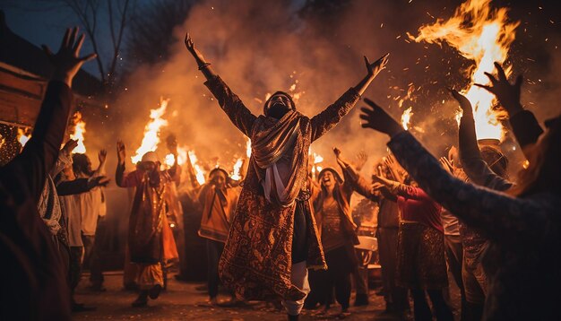 Foto fangen sie den freudigen geist von lohri durch eine prozession von tanzenden menschen ein