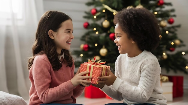 Fangen Sie den freudigen Moment ein, in dem Geschwister Geschenke austauschen.