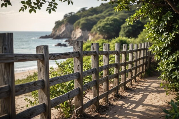 Fangen Sie den rustikalen Holzzaun auf, der einen ruhigen Küstenblick mit üppigem Laub im Hintergrund einrahmt