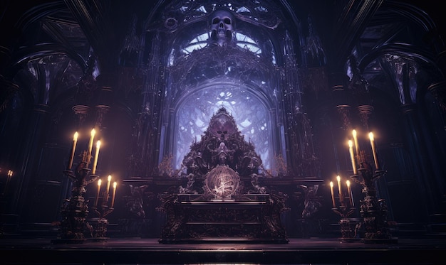 Fangen Sie die eindringliche Schönheit des Altars einer gotischen Kathedrale ein, der mit aufwendigen Details geschmückt und von einem feierlichen Totenkopf gekrönt ist