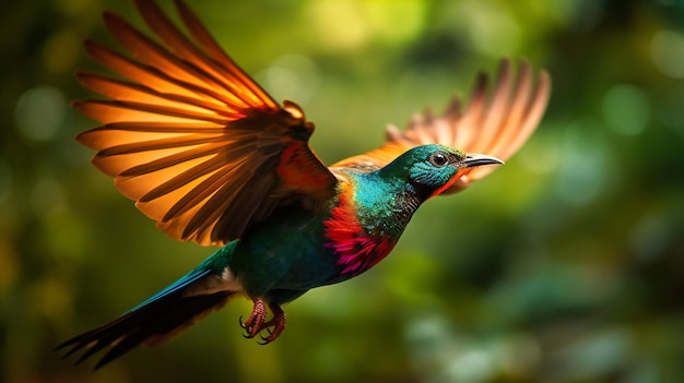 Fangen Sie die eleganten Bewegungen und lebendigen Farben eines exotischen Vogels während des Fluges ein
