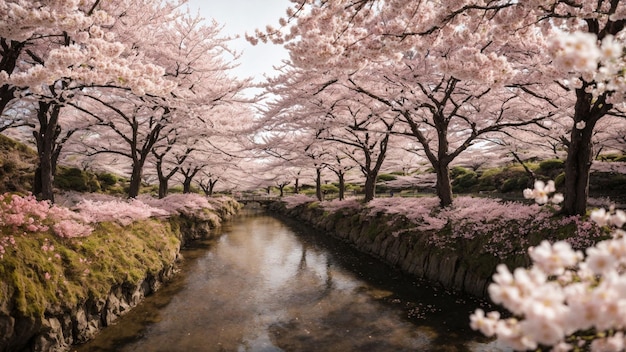 Fangen Sie die Essenz der flüchtigen Schönheit der japanischen Kirschbäume in voller Blüte gegen eine ruhige