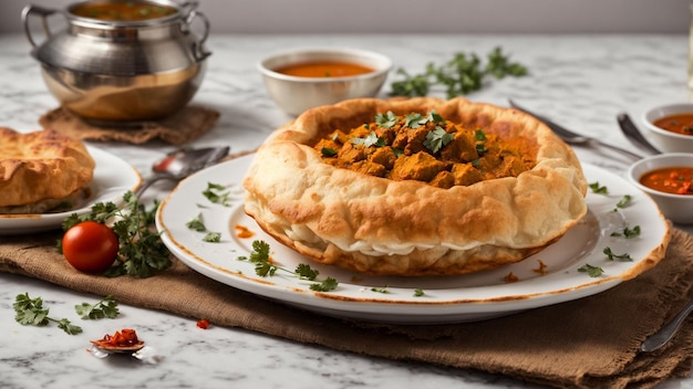 Fangen Sie die Essenz der indischen Küche mit einem lebendigen Stockfoto mit goldenbraunem Bhature-Platz ein