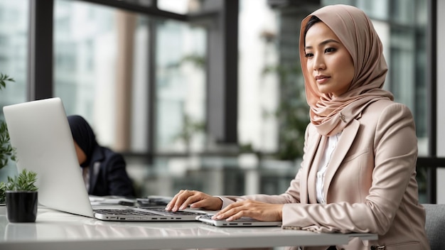 Fangen Sie die Essenz des Erfolgs mit einem hochwertigen Bild einer asiatischen Geschäftsfrau mit Hijab ein