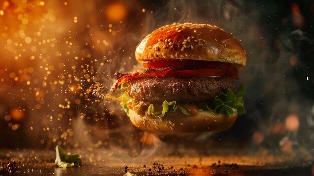 Fangen Sie die Essenz eines Gourmet-Burger in der Luft mit einem Ausbruch von goldenem Licht AI-generierte Illustration