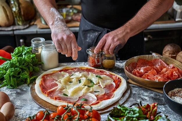 Foto fangen sie die phasen der pizzavorbereitung vom teig bis zum topping in einer serie ein, die eine visuelle geschichte erzählt