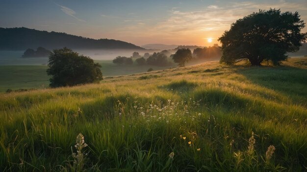 Fangen Sie die Ruhe einer ruhigen Wiese ein, die im sanften Licht der Morgendämmerung gebadet wird