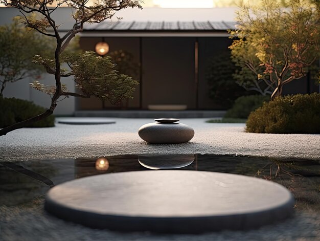 Fangen Sie die Ruhe eines Zen-Gartens mit minimalistischem Design und ruhigem Grün ein