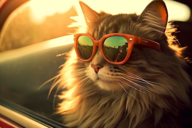 Fangen Sie ein verträumtes Spiegelbild ein, indem Sie eine Katze mit Sonnenbrille mit einer Vintage-Leica M6 fotografieren und dabei die Textur und den Kontrast eines Oldtimers hervorheben AI Generative