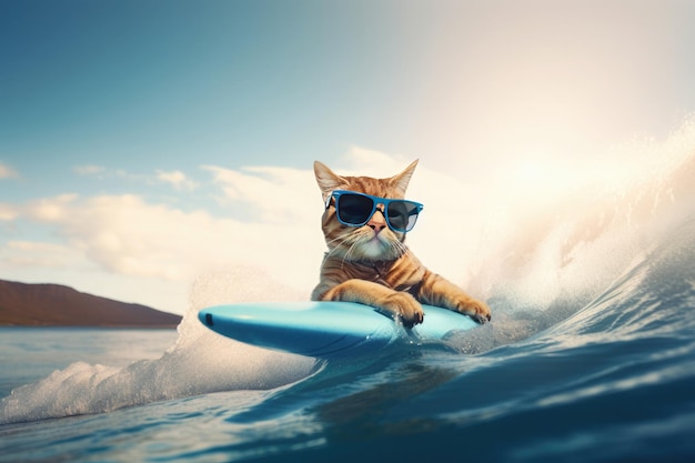 Fanny cat surfeando en una olaDía soleado Concepto de verano AI generativo