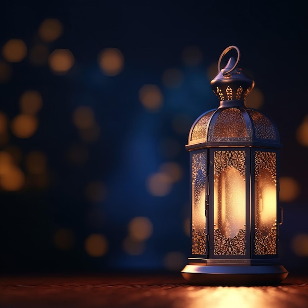Fanous Ramadan lanterna brilhante lâmpada tradicional do povo árabe no céu noturno e luz bokeh da cidade