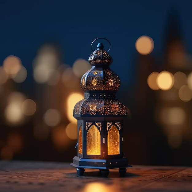 Fanous Ramadan linterna que brilla intensamente lámpara tradicional árabe popular en el cielo nocturno y la luz del bokeh de la ciudad