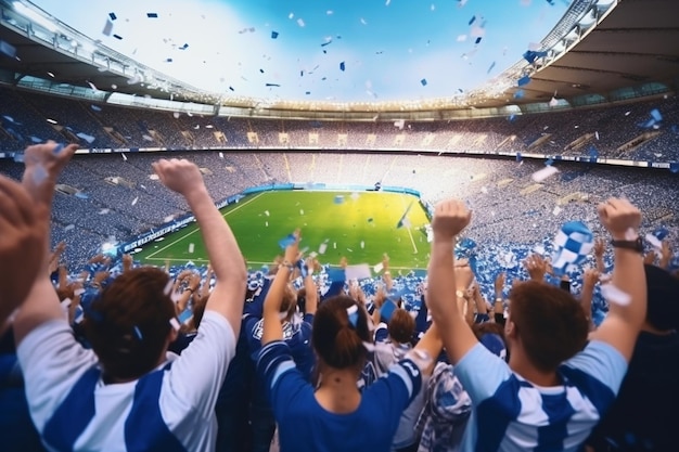 Fans feiern und muntern beim Fußballspiel auf