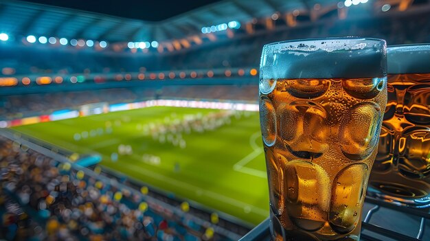 Fans genießen kaltes Bier in einem Fußballstadion und schaffen eine aufregende Atmosphäre für Fußballfanatiker.