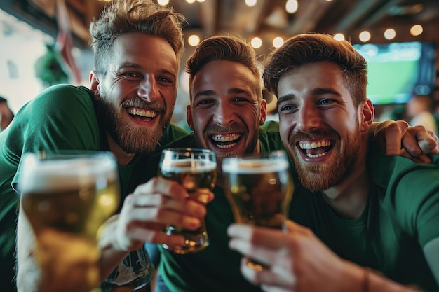 Foto fans in grünen hemden mit biergläsern sitzen in einer bar und sehen glücklich bei fußballspielen aus