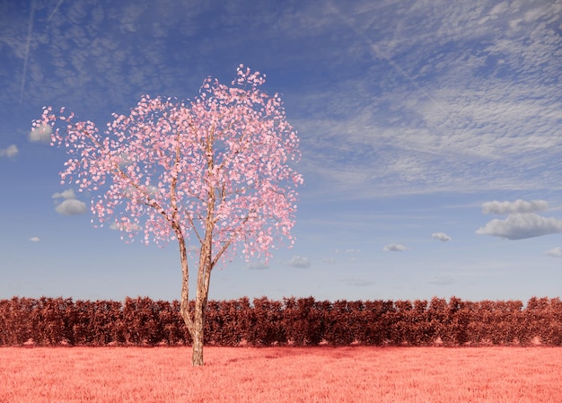 Fantasi escena árbol de sakura en fondo de campo de hierba rosa