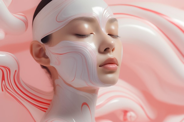 Fantasía abstracta de belleza Mujer aplicando con crema de ondas en su cara Generada por IA