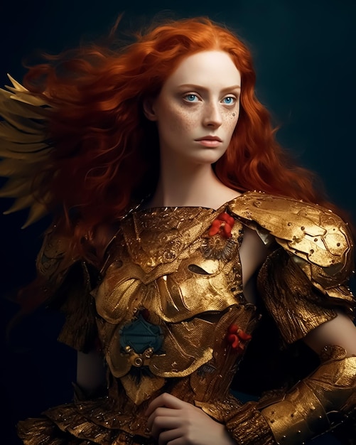Fantasía antigua reina guerrera caballero con vestido dorado y cabello rojo