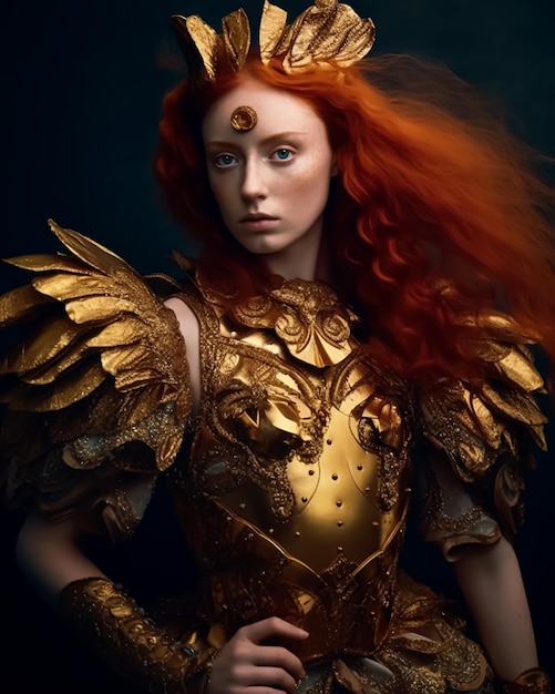 Fantasía antigua reina guerrera caballero con vestido dorado y cabello rojo
