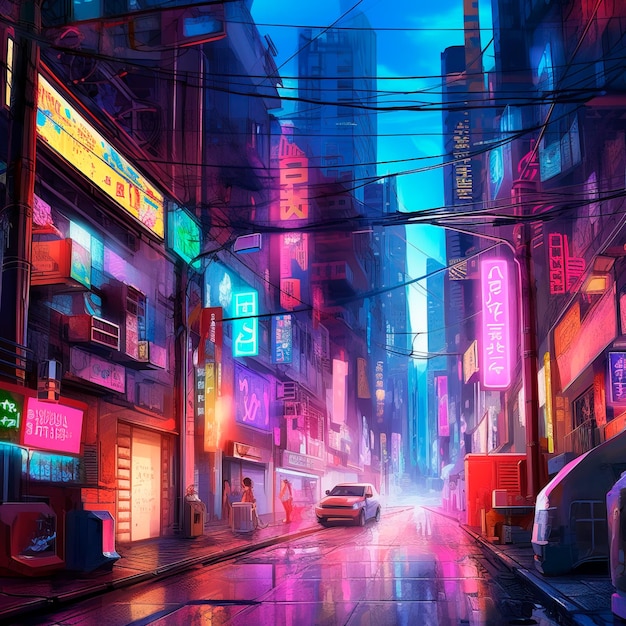 Fantasia arte pintura digital cyberpunk cidade metaverse fundo colorido