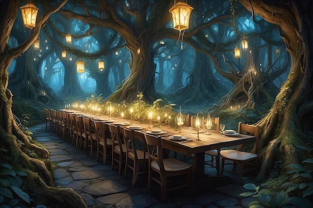 Fantasía del bosque comiendo elfos árboles encantados y comida brillante etérea