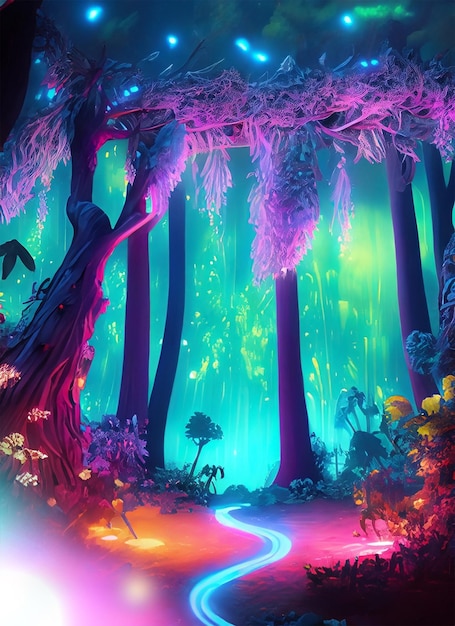 Fantasía de bosque de neón que brilla intensamente colorido como cuento de hadas Creado
