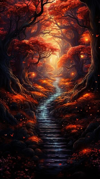 Fantasia caminho floresta cena pôr do sol flores de outono papel de parede imagem arte gerada por Ai
