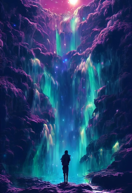 Fantasía de cascada de neón en el bosque profundo Brillante colorido parece un cuento de hadas Ilustración 2D