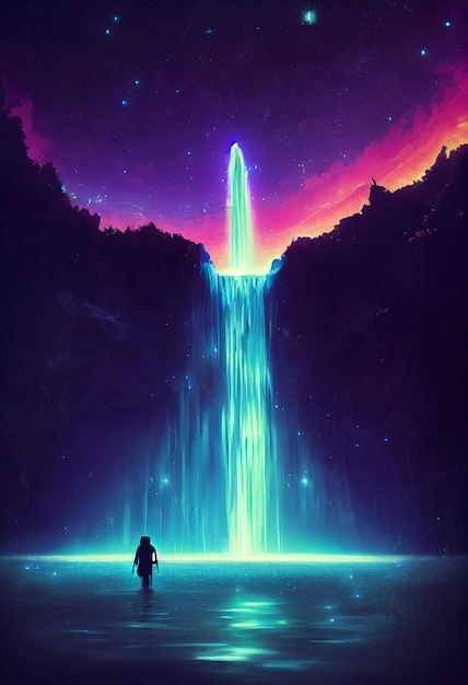 Fantasía de cascada de neón en el bosque profundo. El colorido brillante parece un cuento de hadas. Ilustración 2D.