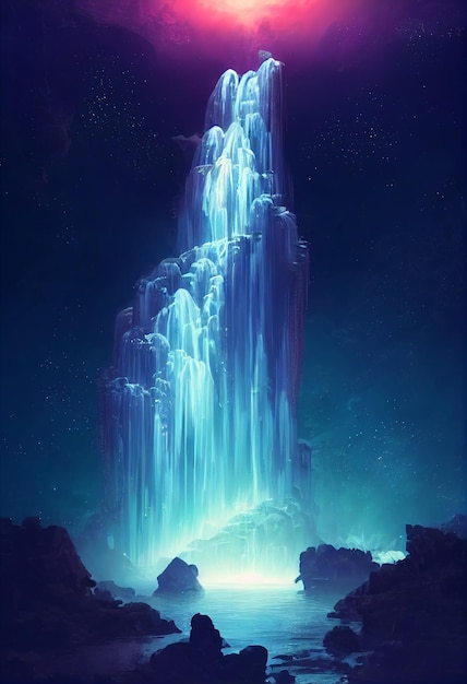 Fantasía de cascada de neón en el bosque profundo. El colorido brillante parece un cuento de hadas. Ilustración 2D.