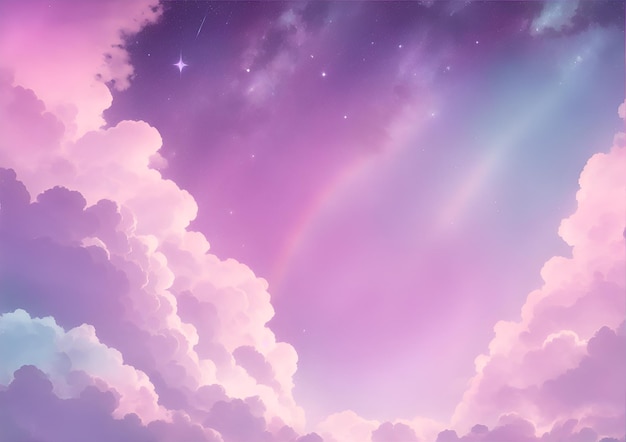 Fantasía cielo con algodón de azúcar nubes púrpuras y estrellas fondo de ensueño